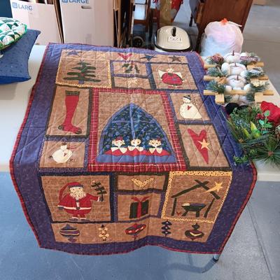 QUILTED CHRISTMAS THROW BLANKET, PILLOW AND SOME DECORATION