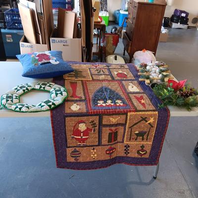 QUILTED CHRISTMAS THROW BLANKET, PILLOW AND SOME DECORATION
