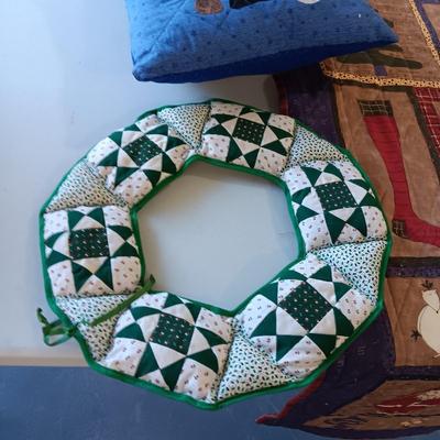 QUILTED CHRISTMAS THROW BLANKET, PILLOW AND SOME DECORATION