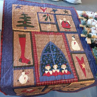 QUILTED CHRISTMAS THROW BLANKET, PILLOW AND SOME DECORATION