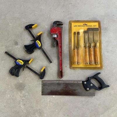 6 PC WOOD CHISELS, IRWIN CLAMPS, HACKSAW AND 18” PIPE WRENCH