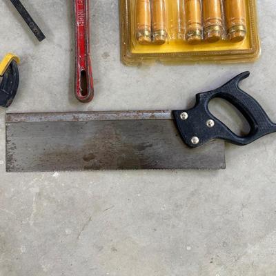 6 PC WOOD CHISELS, IRWIN CLAMPS, HACKSAW AND 18” PIPE WRENCH