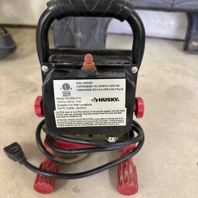 RIGID SHOP VACUUM, HUSKY WORK LIGHT, SAW HORSES, AND HEAVY DUTY 100’ EXTENSION CORD