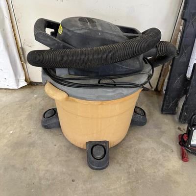 RIGID SHOP VACUUM, HUSKY WORK LIGHT, SAW HORSES, AND HEAVY DUTY 100’ EXTENSION CORD