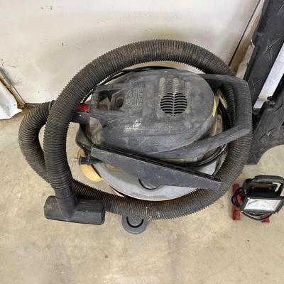 RIGID SHOP VACUUM, HUSKY WORK LIGHT, SAW HORSES, AND HEAVY DUTY 100’ EXTENSION CORD