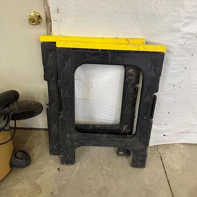 RIGID SHOP VACUUM, HUSKY WORK LIGHT, SAW HORSES, AND HEAVY DUTY 100’ EXTENSION CORD
