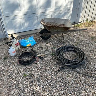 WHEEL BARROW, GARDEN HOSES, WEED SPRAYERS
