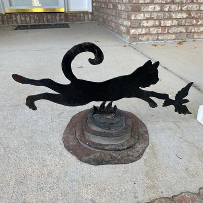 STEEL CAT CHASING A BIRD YARD ART