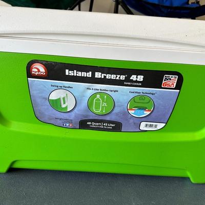 2 FOLDING CHAIRS, 2 BEVERAGE COOLERS AND A FOOD COOLER