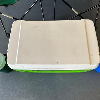 2 FOLDING CHAIRS, 2 BEVERAGE COOLERS AND A FOOD COOLER