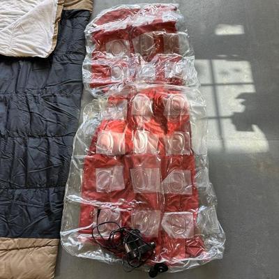 2 SLEEPING BAGS, TWIN INFLATABLE MATTRESS, COLEMAN LANTERN AND COOLER