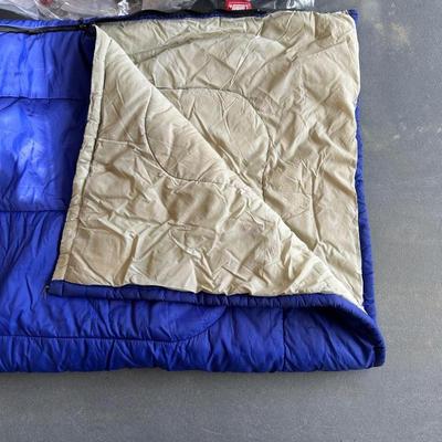 2 SLEEPING BAGS, TWIN INFLATABLE MATTRESS, COLEMAN LANTERN AND COOLER