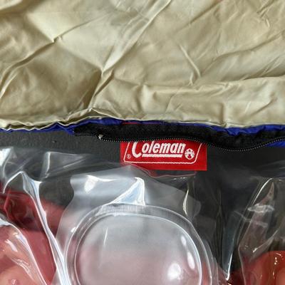 2 SLEEPING BAGS, TWIN INFLATABLE MATTRESS, COLEMAN LANTERN AND COOLER