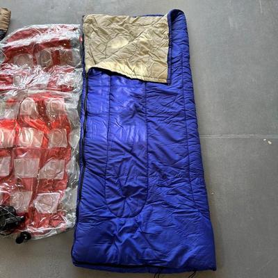 2 SLEEPING BAGS, TWIN INFLATABLE MATTRESS, COLEMAN LANTERN AND COOLER