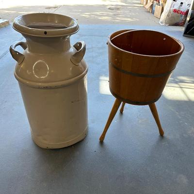OLD MILK CAN AND A BARREL MAGAZINE STAND