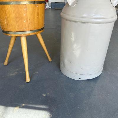 OLD MILK CAN AND A BARREL MAGAZINE STAND