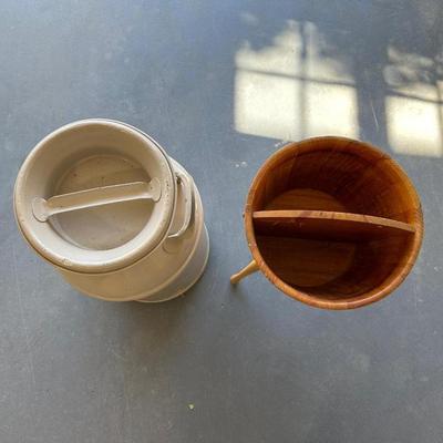 OLD MILK CAN AND A BARREL MAGAZINE STAND