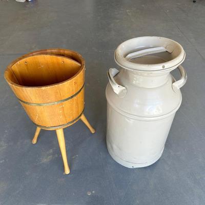 OLD MILK CAN AND A BARREL MAGAZINE STAND