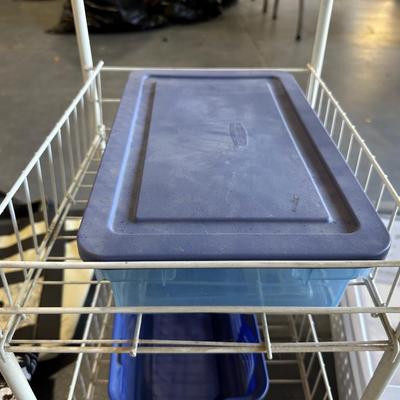 LONG WALL SHELF W/PEGS, CLOTH TOTE BAGS, 3 TIER CART ON WHEELS