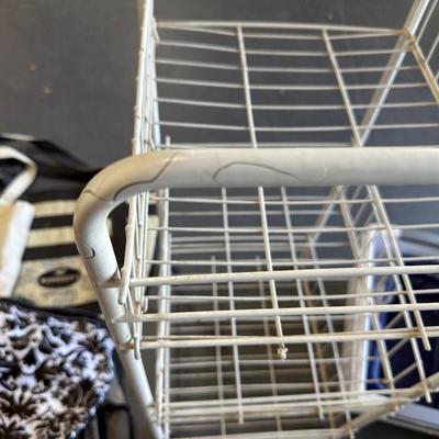 LONG WALL SHELF W/PEGS, CLOTH TOTE BAGS, 3 TIER CART ON WHEELS
