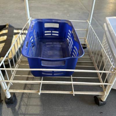 LONG WALL SHELF W/PEGS, CLOTH TOTE BAGS, 3 TIER CART ON WHEELS