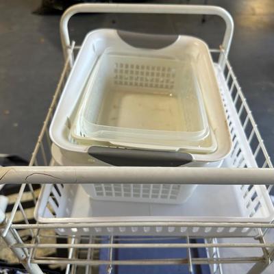 LONG WALL SHELF W/PEGS, CLOTH TOTE BAGS, 3 TIER CART ON WHEELS