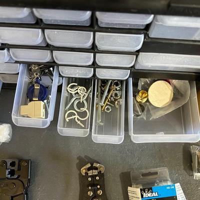 HARDWARE IN ORGANIZER, 220V CORD, WIRE STRIPPERS AND MORE