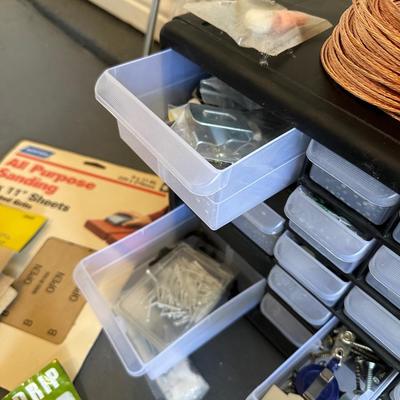 HARDWARE IN ORGANIZER, 220V CORD, WIRE STRIPPERS AND MORE