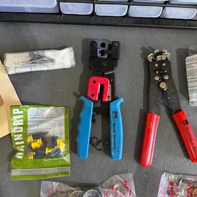 HARDWARE IN ORGANIZER, 220V CORD, WIRE STRIPPERS AND MORE