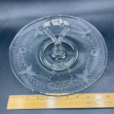 Vintage Etched Glass Center Handle Sandwich / Tidbit Tray
