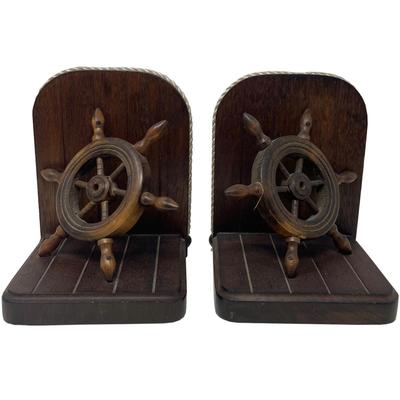 Twin Nautical Ship Steering Wheel Book Ends