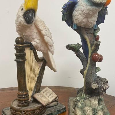 Two Vintage Tropical Parrot on Bench Figurines