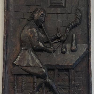 Vintage Folk Art Carved plaque 3D Medieval scribe