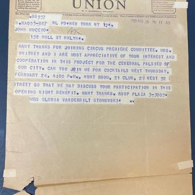 Gloria Vanderbilt Stokowski Western Union telegram to John Muccio/ Feb. 19th 1953