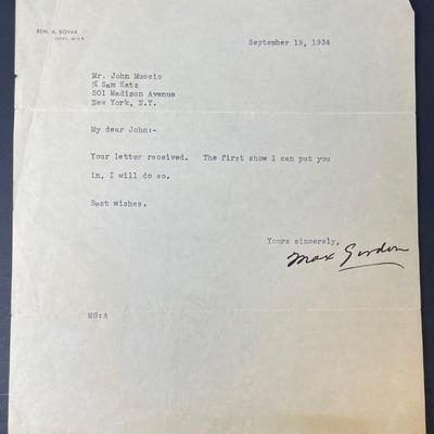Signed MAX GORDON (Broadway producer) letter to John Muccio/Sept. 15th 1934