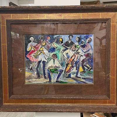 SIGNED JAZZ SCENE OIL PAINTING ON BOARD/ ACRYLIC