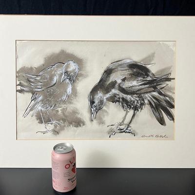 Original Kenneth Callahan (American, 1905 - 1986) Tempera Painting on Paper of Pair of Birds