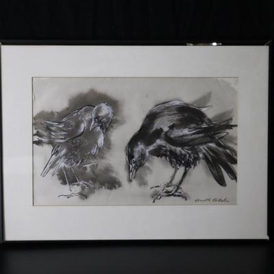Original Kenneth Callahan (American, 1905 - 1986) Tempera Painting on Paper of Pair of Birds