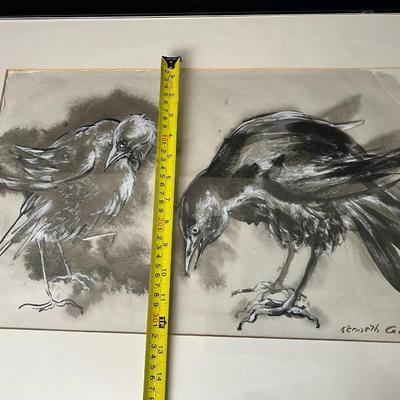 Original Kenneth Callahan (American, 1905 - 1986) Tempera Painting on Paper of Pair of Birds