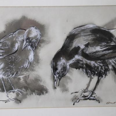 Original Kenneth Callahan (American, 1905 - 1986) Tempera Painting on Paper of Pair of Birds