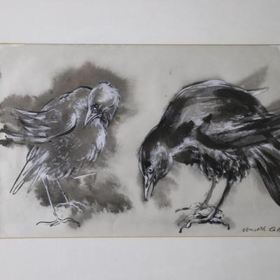 Original Kenneth Callahan (American, 1905 - 1986) Tempera Painting on Paper of Pair of Birds