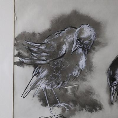 Original Kenneth Callahan (American, 1905 - 1986) Tempera Painting on Paper of Pair of Birds