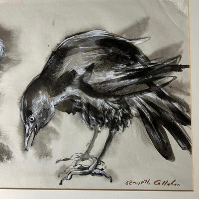 Original Kenneth Callahan (American, 1905 - 1986) Tempera Painting on Paper of Pair of Birds