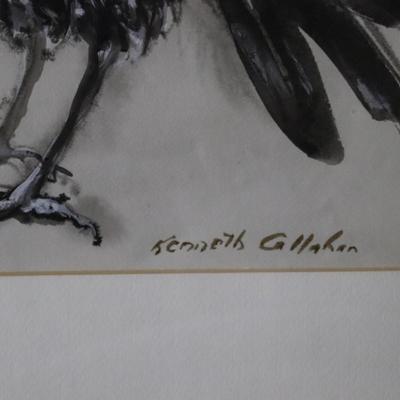 Original Kenneth Callahan (American, 1905 - 1986) Tempera Painting on Paper of Pair of Birds