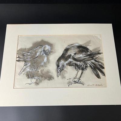 Original Kenneth Callahan (American, 1905 - 1986) Tempera Painting on Paper of Pair of Birds