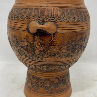 Vintage Terra Cotta Clay Pottery Urn Mermaid Carving