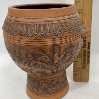 Vintage Terra Cotta Clay Pottery Urn Mermaid Carving