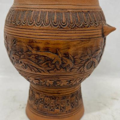 Vintage Terra Cotta Clay Pottery Urn Mermaid Carving