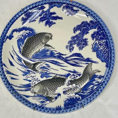 Blue and White Chinese Porcelain 12” Plate Platter with Koi Fish