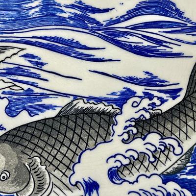 Blue and White Chinese Porcelain 12” Plate Platter with Koi Fish